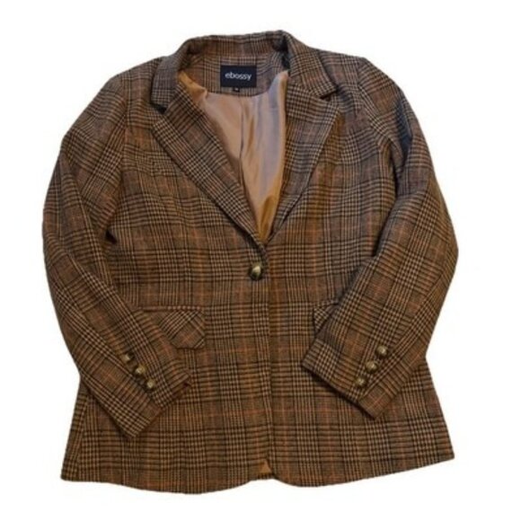 Ebossy Brown Tweed Blazer Size Medium Button Front Lined Vintage Jacket - Picture 1 of 6